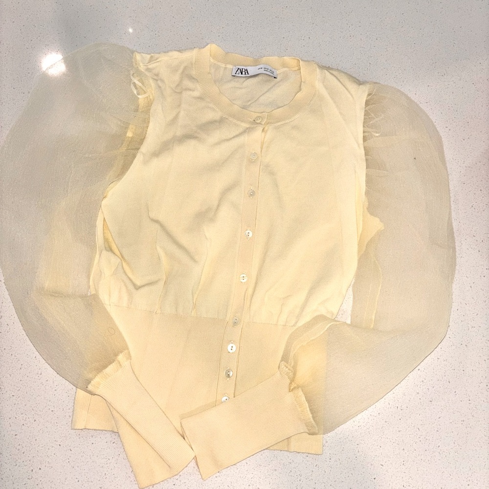 Zara Pale Yellow Sheer Puff Sleeve Cardigan